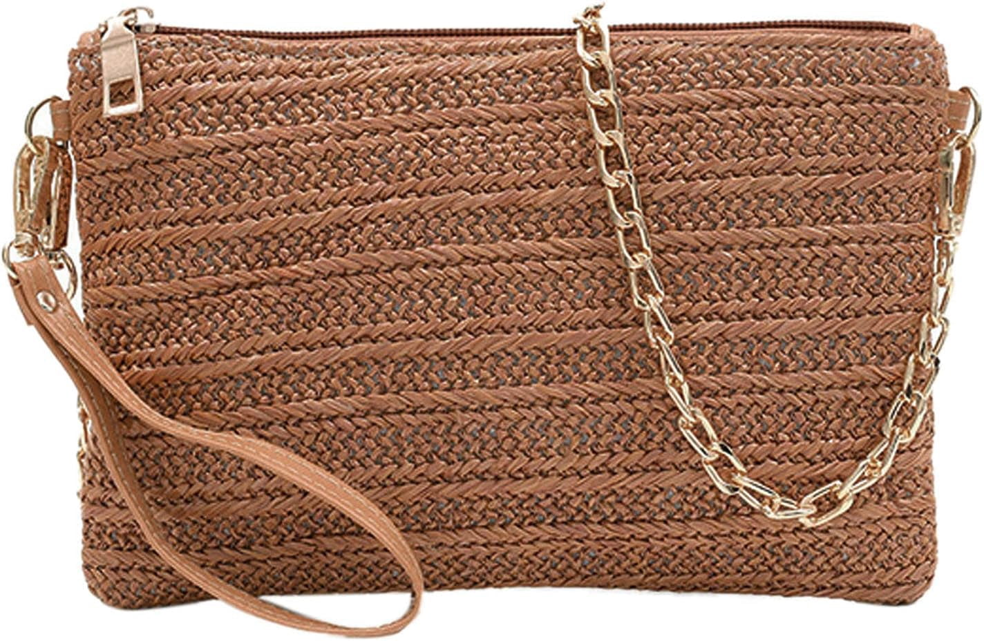 Straw Wristlet Clutch Bag With Colorful Pom Poms - Summer Beach Purse With Tassels For Women