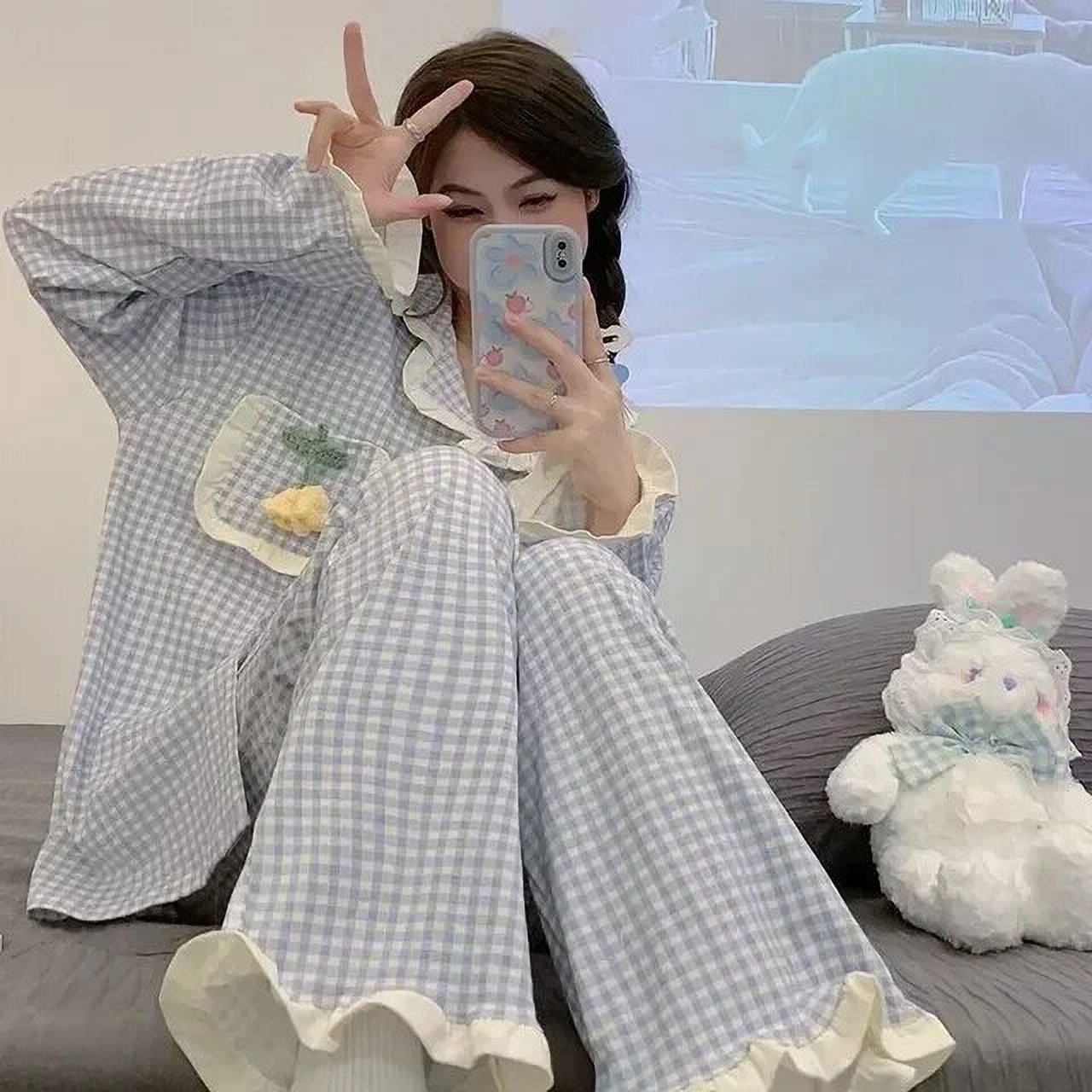 Linyooli Night Plaid Sleeve Piiama Pajama Sleepwear Korean 2 Sets