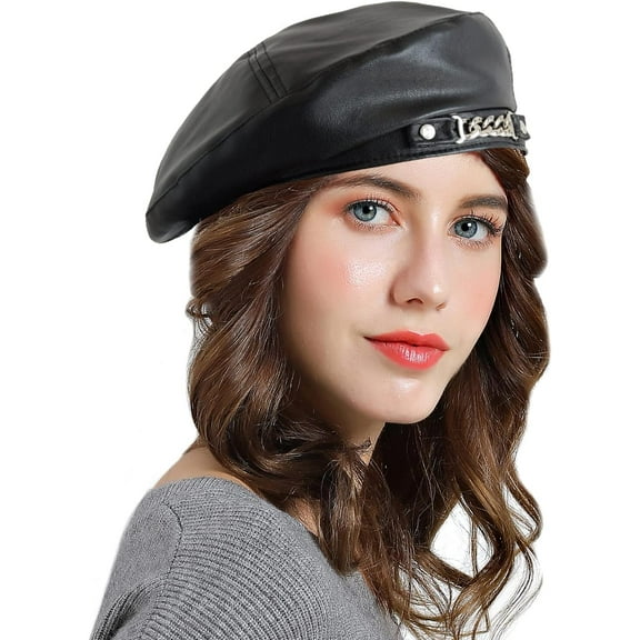 LinYooLi PU Leather Beret Hat for Women, French Artist Hat Solid Color Beanie
