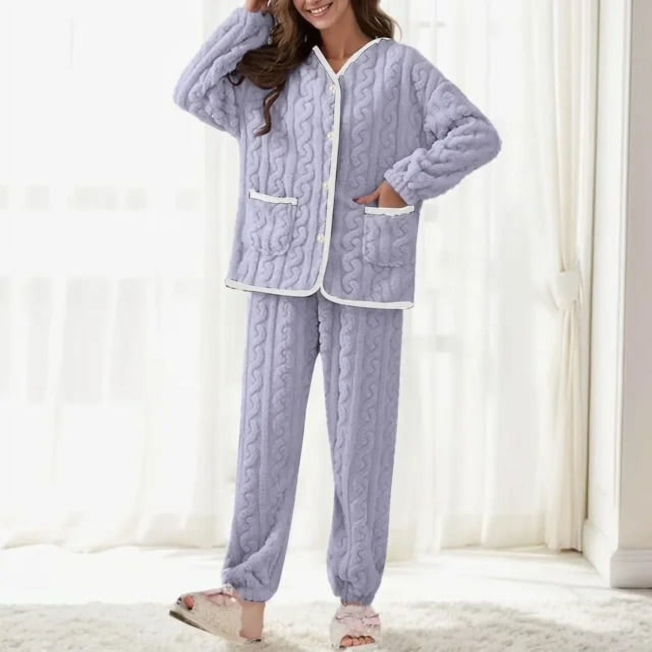 Linyooli Pajamas Nightwear Winter Suit Pieces Set Fluffy Autumn Warm