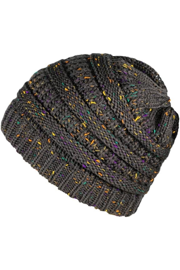 Ponytail Beanie for Women Cable Knit Messy High Bun Hat Stretch Warm Winter Hat