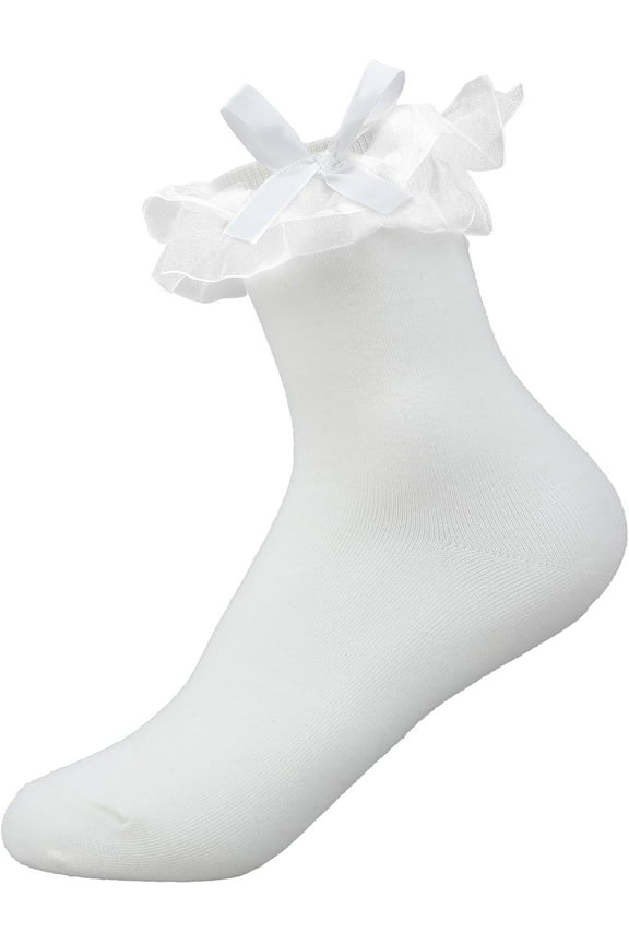 Ruffle Socks for Women, White Lace Socks with Bow Double Lace Turn Cuff for Mid-Calf Ruffle Frilly Comfortable Cotton Socks Princess Lolita Socks Lace for Girl