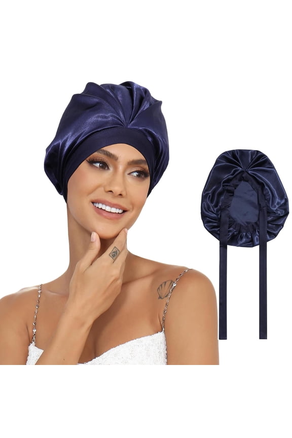 Satin Bonnet Silk Bonnet for Sleeping Women - Adjustable Hair Bonnet with Elastic Tie Band Hair Wrap Cap for Curly Hair Night Sleep Cap(Navy Blue)