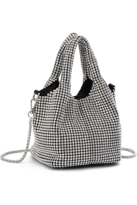 Sparkly Silver Evening Bag Glitter Rhinestone Clutch Purses Small Dazzling Bucket Hobo Bag for Party Wedding Prom