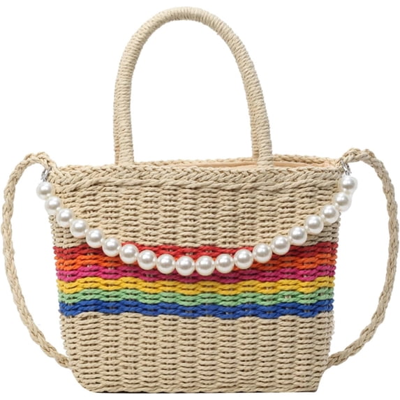 LinYooLi Straw Bag, Summer Handmade Woven Shoulder Bag Straw Crossbody Bags for Women Purses and Handbags with Pearl Chain
