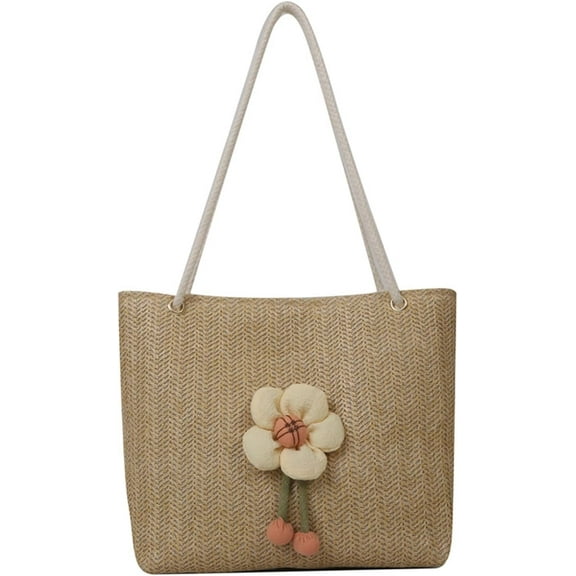 LinYooLi Straw Beach Bag Summer Woven Tote Bag for Women Straw Shoulder Purses Handbags with Flower for Travel,Vacation