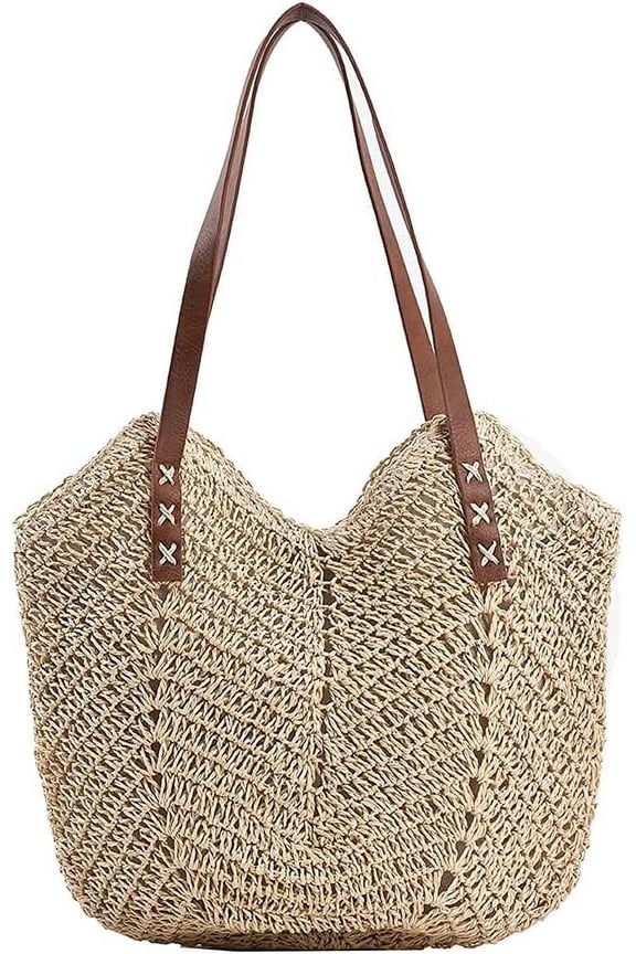 Straw Beach Bag with Zipper Large Woven Summer Boho Tote Handbag Rattan Wicker Purse for Shopping Summer Vacation