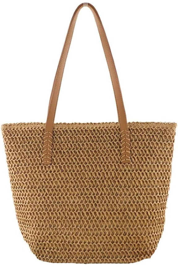 Straw Beach Bag with Zipper Large Woven Summer Boho Tote Handbag Rattan Wicker Purse for Shopping Summer Vacation