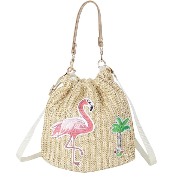 LinYooLi Straw Bucket Bag for Women, Summer Straw Beach Bag Woven Bucket Bag Drawstring Purses Hobo Handbag for Vacation