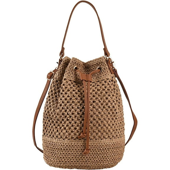 LinYooLi Straw Bucket Bag for Women, Summer Woven Beach Bag Drawstring Hobo Bucket Purses Handbag for Vacation