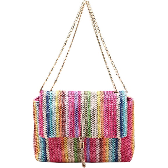 LinYooLi Straw Clutch Bags for Women with Strap Woven Handbag Colorful Crossbody Purse for Summer Beach with Tassel