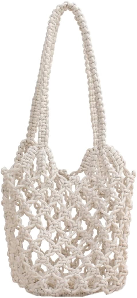 LinYooLi Summer Beach Handbag Hollow Mesh Shoulder Bag Cotton Thread Crochet Fishnet Bag Woven Bag