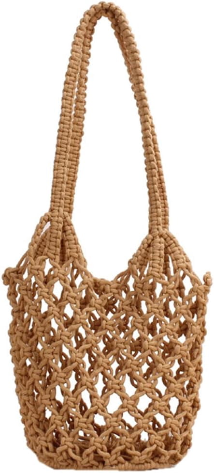 LinYooLi Summer Beach Handbag Hollow Mesh Shoulder Bag Cotton Thread Crochet Fishnet Bag Woven Bag