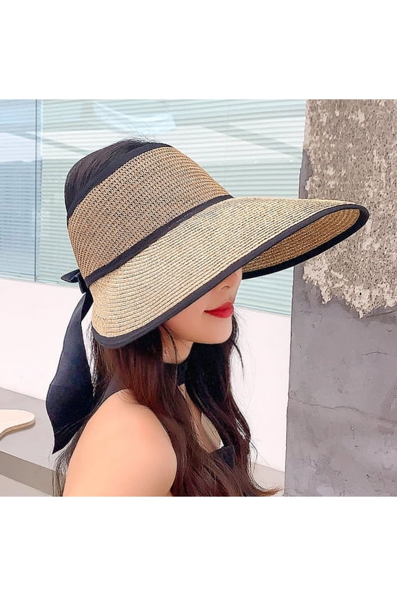 Summer New Women's Grass Knitted Headless Breathable Large Brim Sun Visor Hat Outdoor Sports Sun Protection Bow Open Top Hat