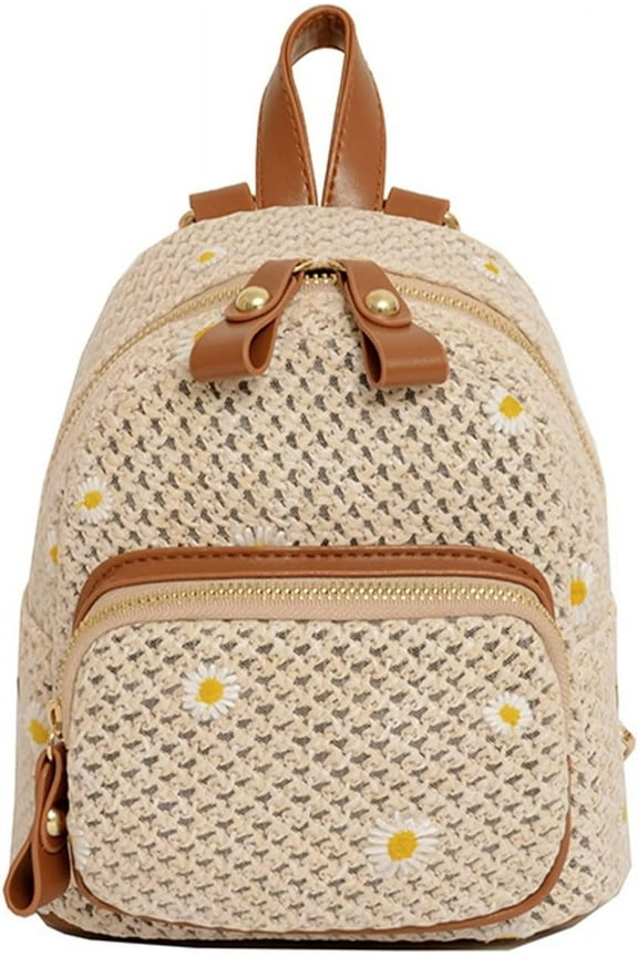 Summer Trendy Handmade Woven Crochet Straw Backpack Boho Backpack Purse for Women Vacation (Khaki)