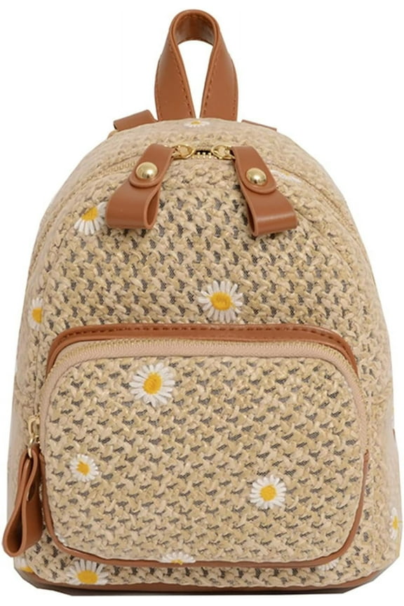 Summer Trendy Handmade Woven Crochet Straw Backpack Boho Backpack Purse for Women Vacation (Khaki)