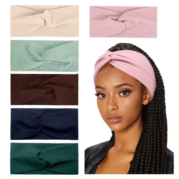 LinYooLi Turban Headbands for Women Wide Head Wraps Knotted Elastic Teen Girls Yoga Workout Solid Color Hair Accessories, 6 Pack