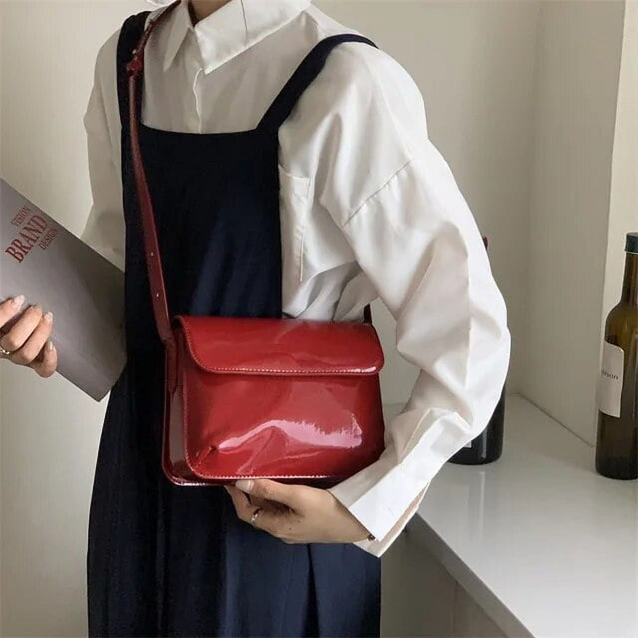 LinYooLi Vintage Red Square Shoulder Bag for Women Patent Leather Ladies Messenger Bags Clutch Purse Solid Color Female Fashion Handbags Walmart
