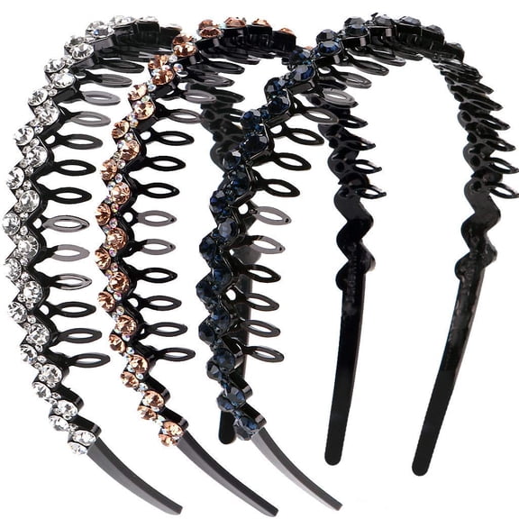 LinYooLi Wave Rhinestone and Crystal Teeth Comb Headbands For Women, Non-slip Hard Headbands (Silver+Gold+Dark blue)
