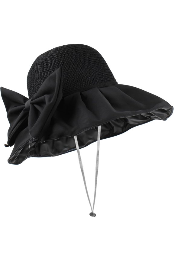 Wide Brim Sun UV Protection Acrylic Fibres Woven Sunhat Ribbon Bow Chin Strap Sun Hat