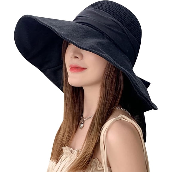 LinYooLi Wide Brim Sun UV Protection Acrylic Fibres Woven Sunhat Ribbon Bow Chin Strap Sun Hat