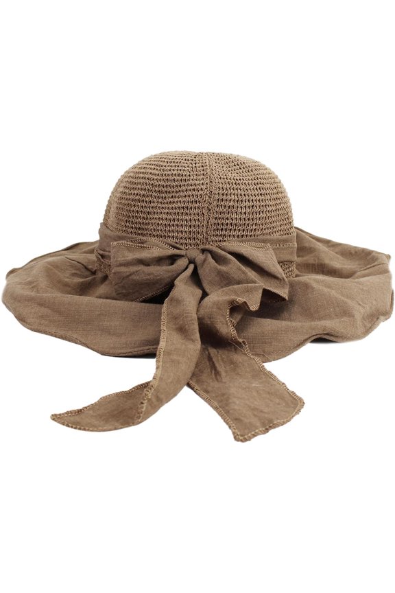 Wide Brim Sun UV Protection Acrylic Fibres Woven Sunhat Ribbon Bow Chin Strap Sun Hat