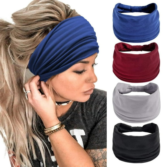LinYooLi Wide Headbands for Women Black Stylish Head Wraps Boho Thick Hairbands Large African Sport Yoga Turban Headband Hair Accessories (Pack of 4)