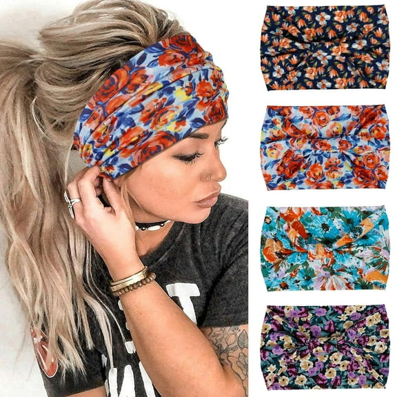 LinYooLi Wide Headbands for Women Black Stylish Head Wraps Boho Thick Hairbands Large African Sport Yoga Turban Headband Hair Accessories (Pack of 4)