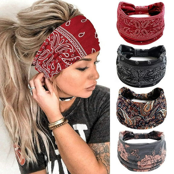 LinYooLi Wide Headbands for Women Black Stylish Head Wraps Boho Thick Hairbands Large African Sport Yoga Turban Headband Hair Accessories (Pack of 4)