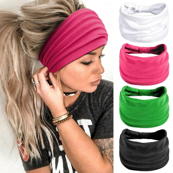 LinYooLi Wide Headbands for Women Black Stylish Head Wraps Boho Thick Hairbands Large African Sport Yoga Turban Headband Hair Accessories (Pack of 4)