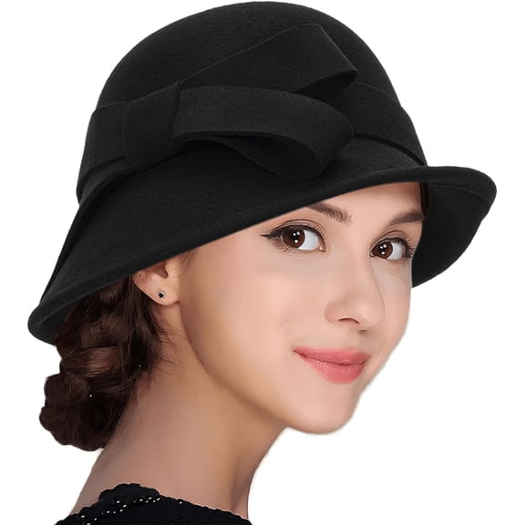 LinYooLi Women 1920s Bowler Fedora Hat Bowknot Decor Rolled Brim Derby Caps Wool Felt Church Party Hats Classic Dress Up Prop