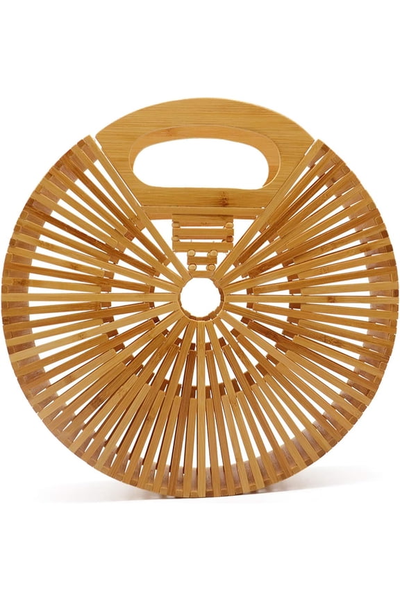 Women Bamboo Top-Handle Handbags Round Straw Beach Tote Bag