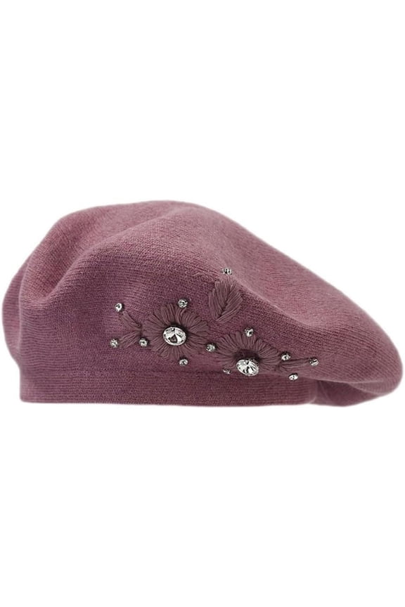 Women Embroidered Flower Bling Rhinestone Classic French Beret Hat