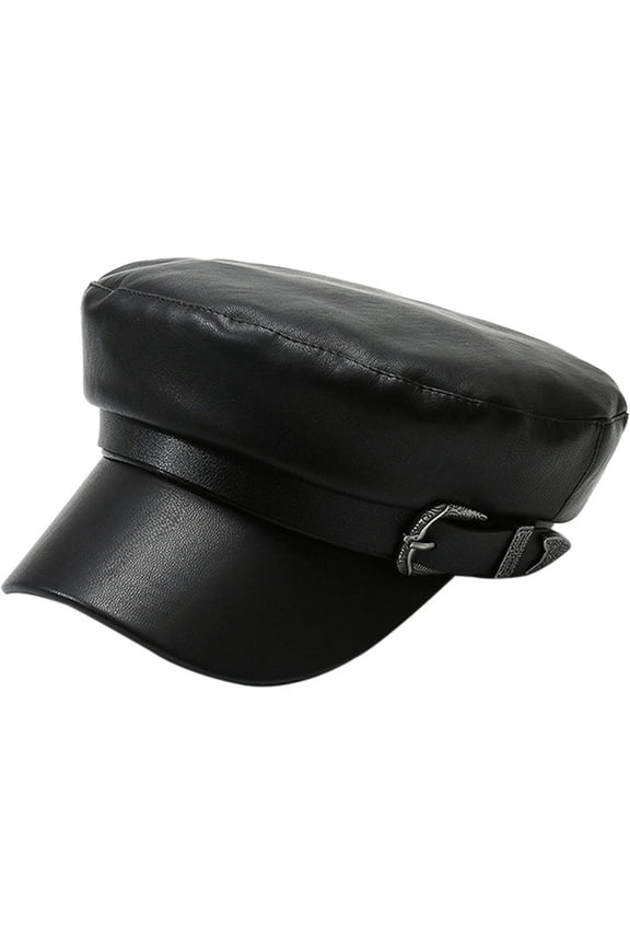 Women Faux Leather Newsboy Cap Visor Flat Top Sailor Fiddler Bakerboy Hat Army Cap