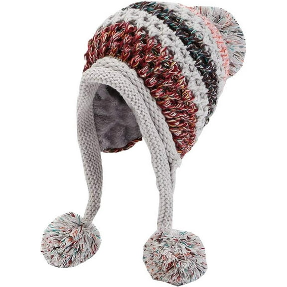 LinYooLi Women Fleece Lined Beanie Cap Contrast Color Warm Knitted Ski Hat w/Earflap Pom
