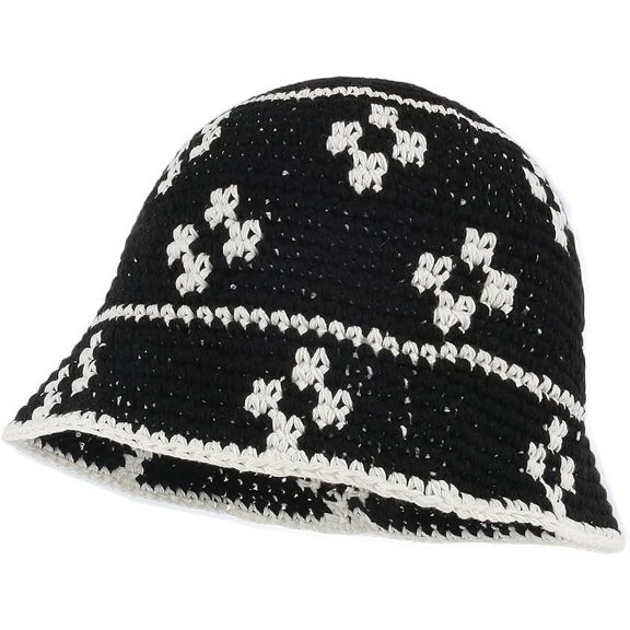 LinYooLi Women Flower Pattern Knitted Foldable Floppy Crochet Bucket Hat Chunky Beanie Cap