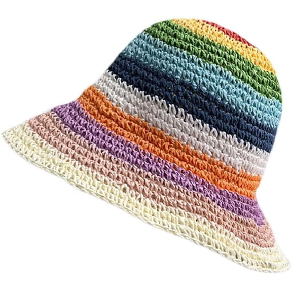 LinYooLi Women Foldable Wide Brim Colorful Crochet Straw Sun Hat Summer Beach Travel Packable UPF Bucket Hat
