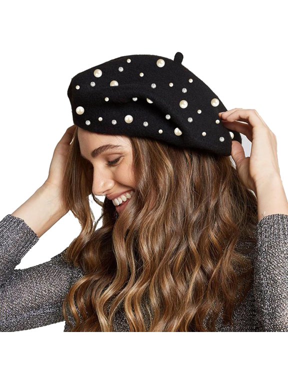 Women French-Beret Plastic-Pearls-Decor Wool Artist Hat Solid Warm Newsboy Hat Cosplay Costume Hat