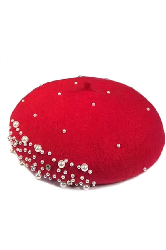 Women Girls Beaded Pearl Rhinestone Wool French Beret Hat Winter Artist Painter Hats Beanie Cap
