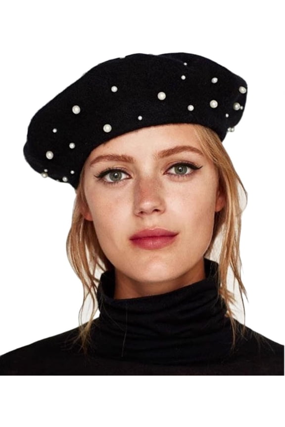 Women Girls Beaded Pearl Rhinestone Wool French Beret Hat Winter Artist Painter Hats Beanie Cap