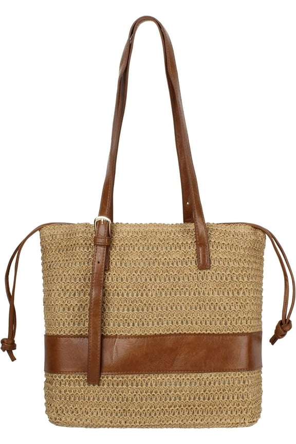 Women Large Straw Woven Shoulder Bag Drawstring Tote Top-handle Bag