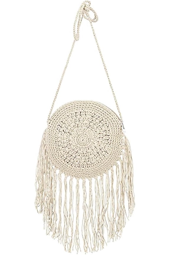 Women Mini Fringed Round Cotton Crochet Cross-body Shoulder Bag