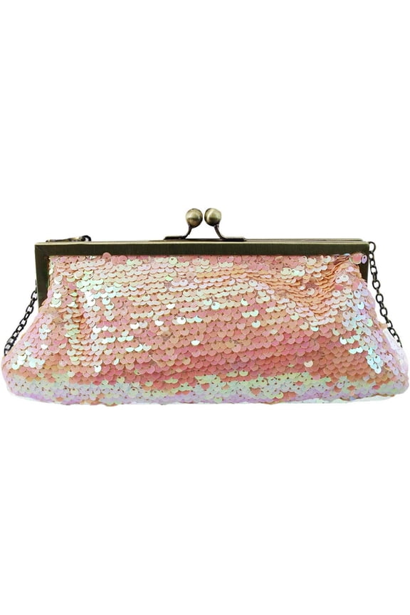 Women Mini Glitter Mermaid Sequin Evening Clutch Handbag Chain Strap Cross-body Bag Kissing Lock