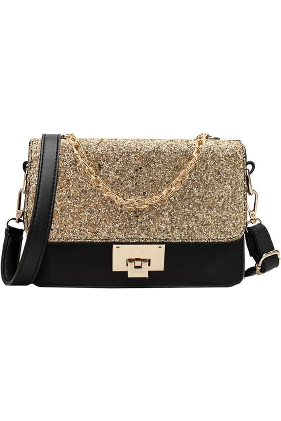 Women Mini Glitter Sequins Faux Leather Cross-body Bag Chain Top-handle Flap Handbag
