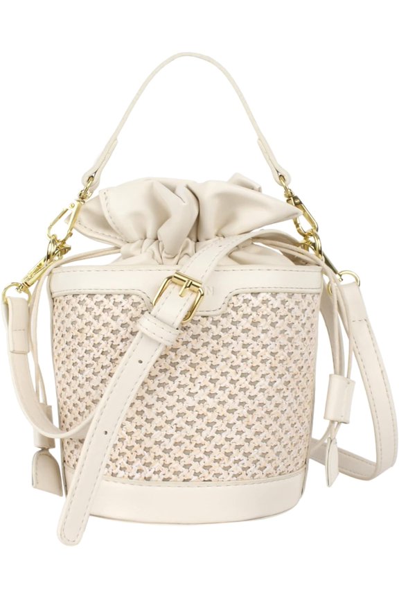 Women Mini Hollow Out Straw Woven Cross-body Bag Top-handle Bag Drawstring Bucket Bag