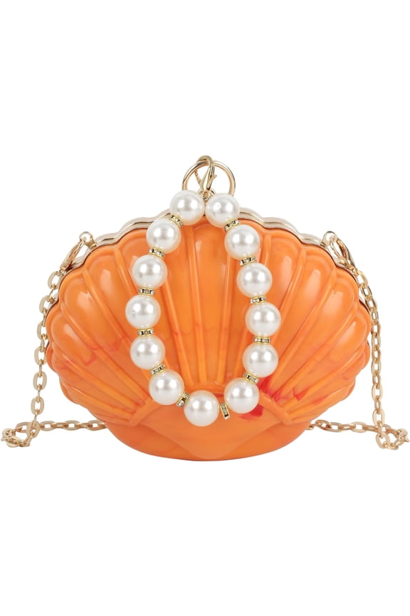 Women Mini Seashell Evening Clutch Pearls Top-Handle Bag Chain Strap Cross-body Bag
