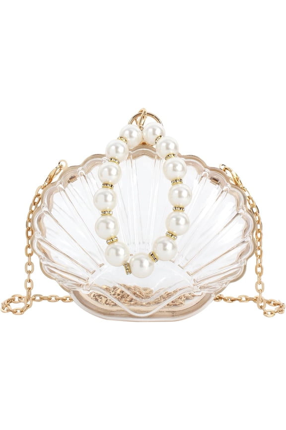 Women Mini Seashell Evening Clutch Pearls Top-Handle Bag Chain Strap Cross-body Bag