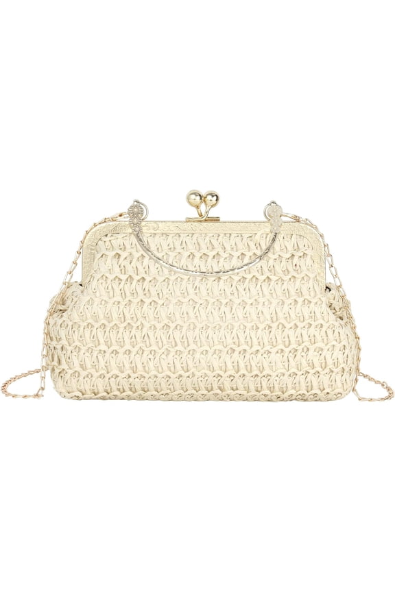 Women Mini Straw Woven Clutch Handbag Metal Top-handle Bag Cross-body Bag with Chain Strap