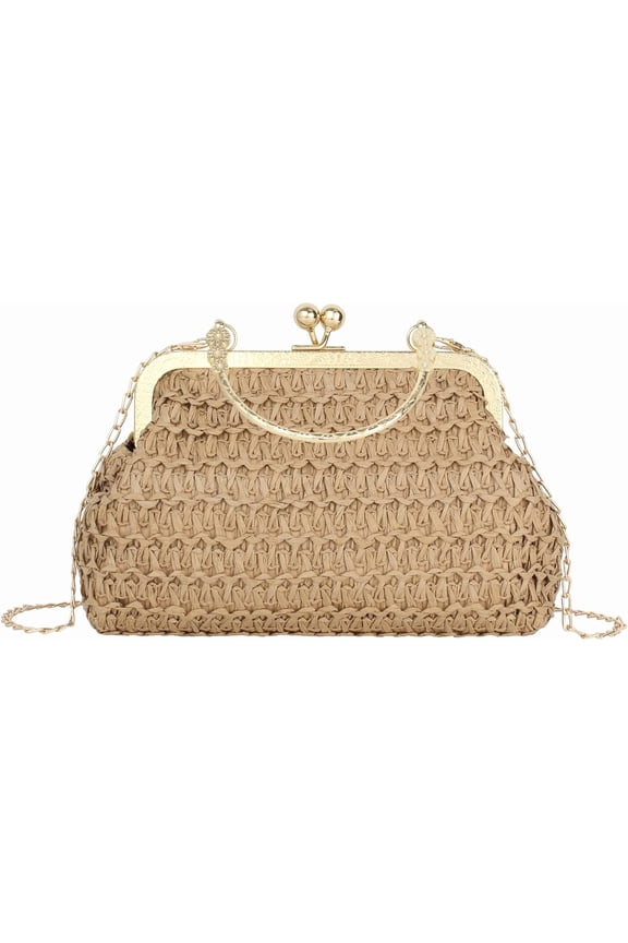 Women Mini Straw Woven Clutch Handbag Metal Top-handle Bag Cross-body Bag with Chain Strap