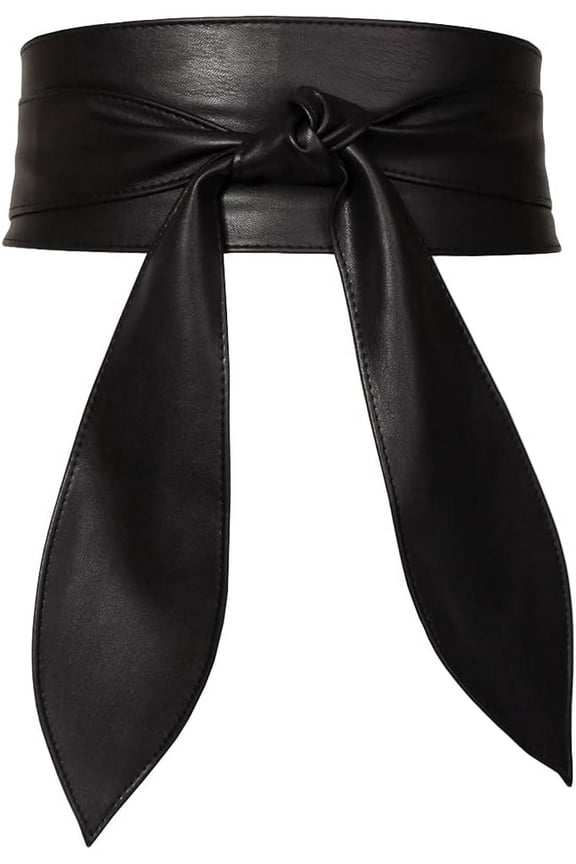 Women Obi Belt Bow Tie Wrap Wide Waistband Faux Leather Wide Cinch Belt for Dresses - Black